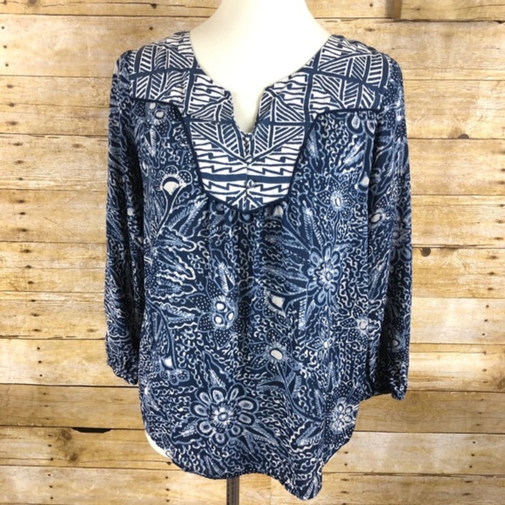 Lucky‎ Brand Blue Cream Abstract Print Blouse Sz S